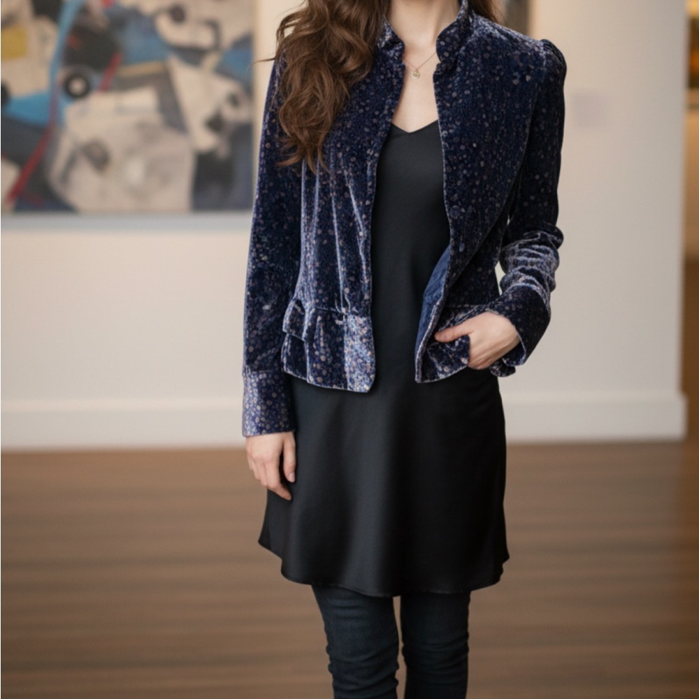 Marc Jacobs Elegant Velvet Silk Peplum Blazer Old Money Luxury Navy XS